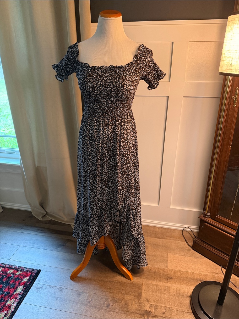 miami Navy Floral Smocked High-Low Maxi Dress